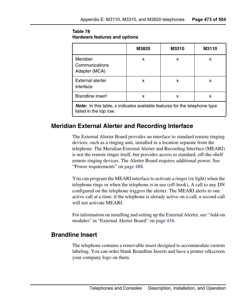 Meridian external alerter and recording interface, Brandline insert | Nortel Networks M3110 User Manual | Page 473 / 506