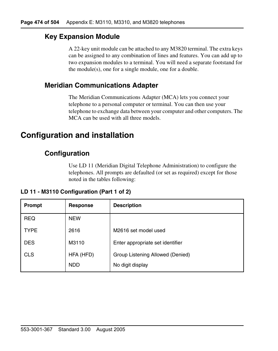 Key expansion module, Meridian communications adapter, Configuration and installation | Configuration | Nortel Networks M3110 User Manual | Page 474 / 506