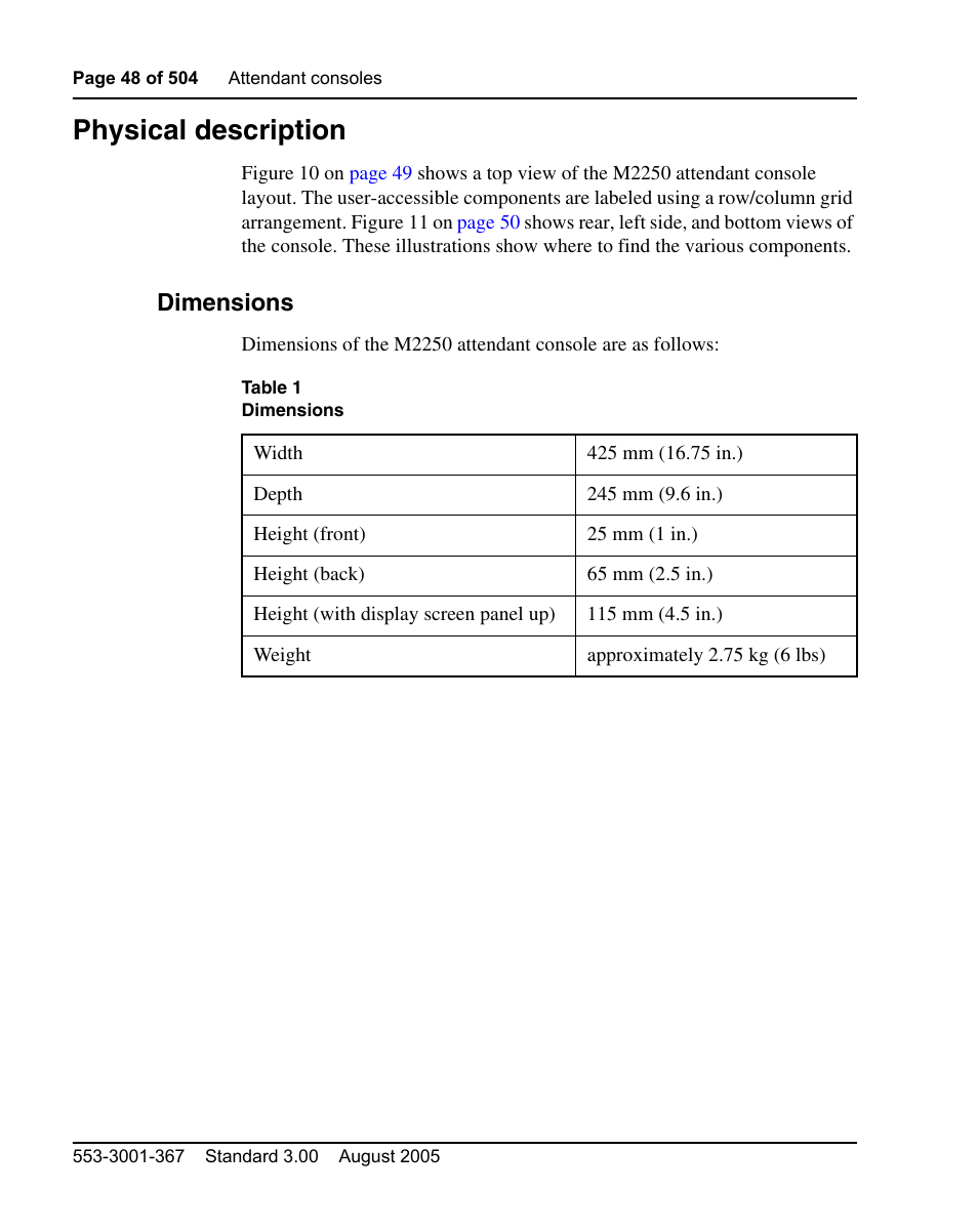 Physical description, Dimensions | Nortel Networks M3110 User Manual | Page 48 / 506