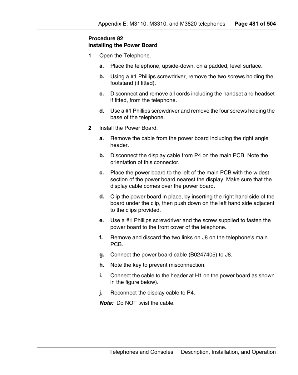 Procedure 82 installing the power board | Nortel Networks M3110 User Manual | Page 481 / 506