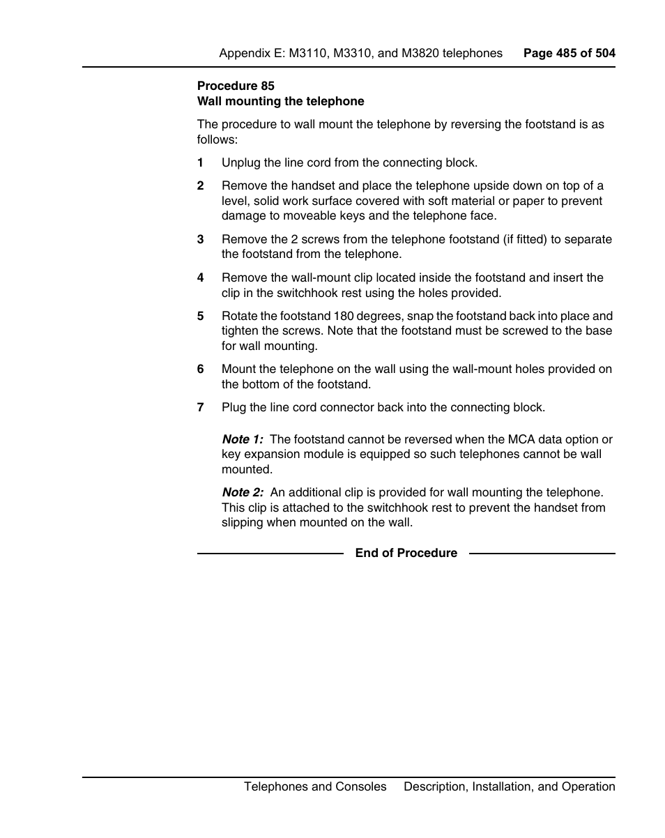 Procedure 85 on | Nortel Networks M3110 User Manual | Page 485 / 506