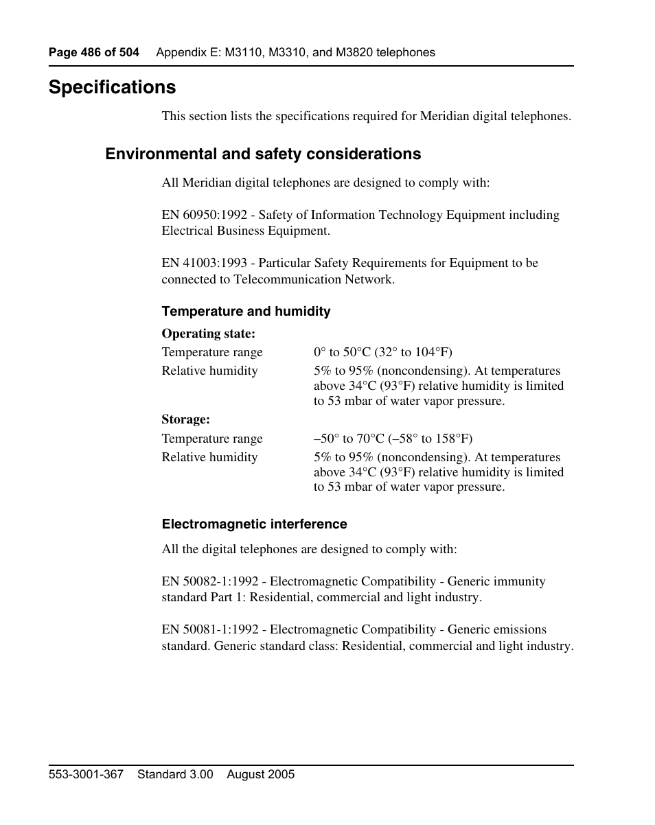 Specifications, Environmental and safety considerations | Nortel Networks M3110 User Manual | Page 486 / 506