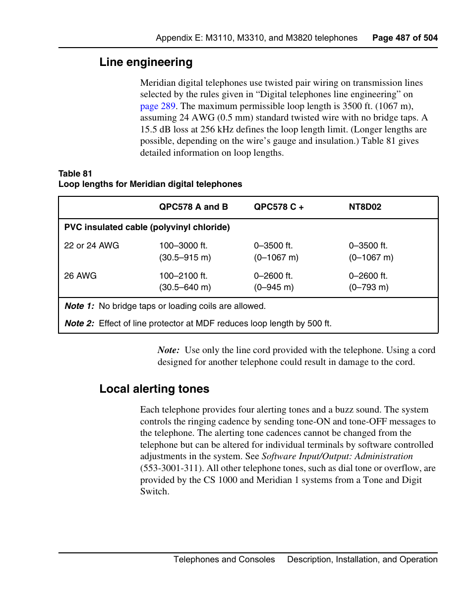 Line engineering, Local alerting tones | Nortel Networks M3110 User Manual | Page 487 / 506