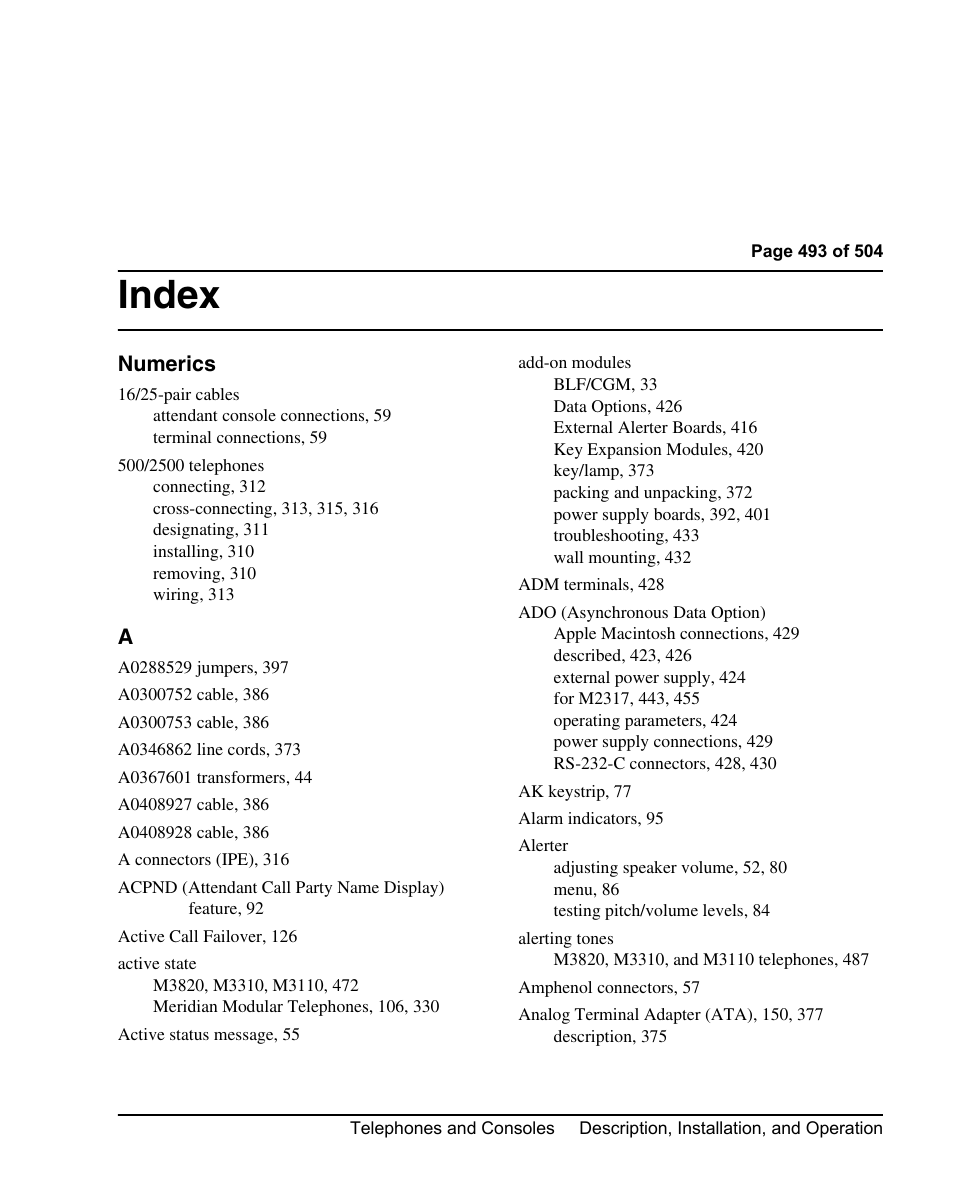 Index | Nortel Networks M3110 User Manual | Page 493 / 506
