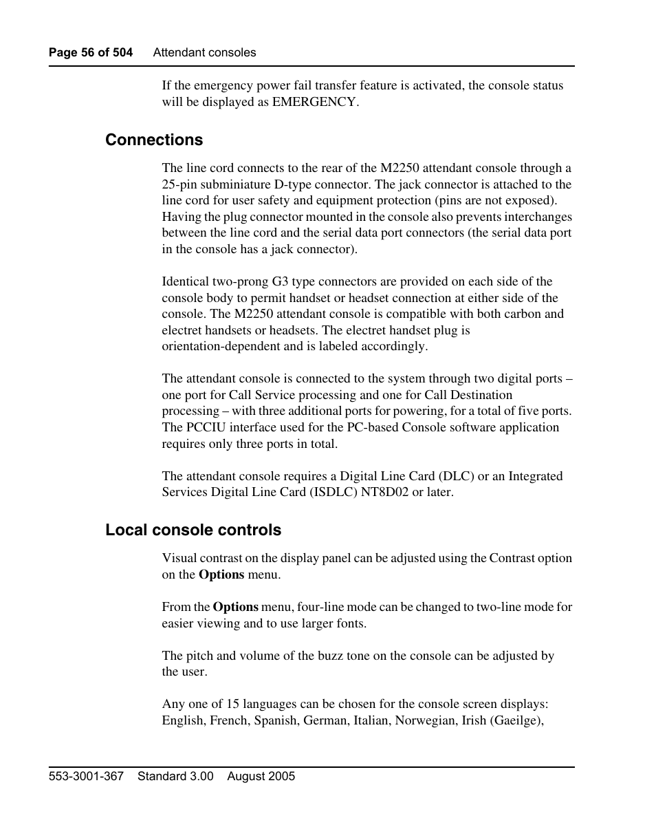 Connections, Local console controls | Nortel Networks M3110 User Manual | Page 56 / 506