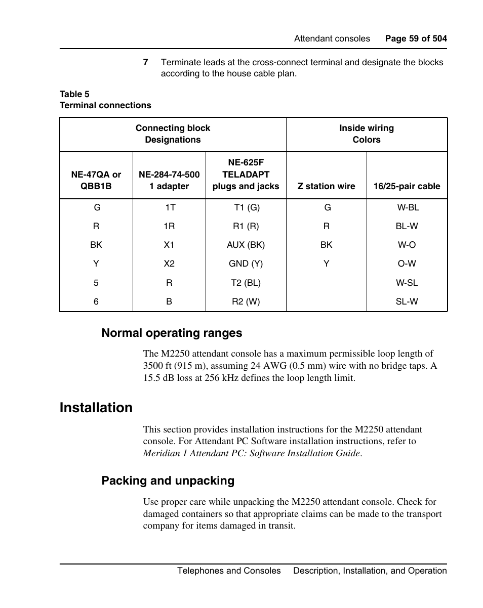 Normal operating ranges, Installation, Packing and unpacking | See table 5 on | Nortel Networks M3110 User Manual | Page 59 / 506