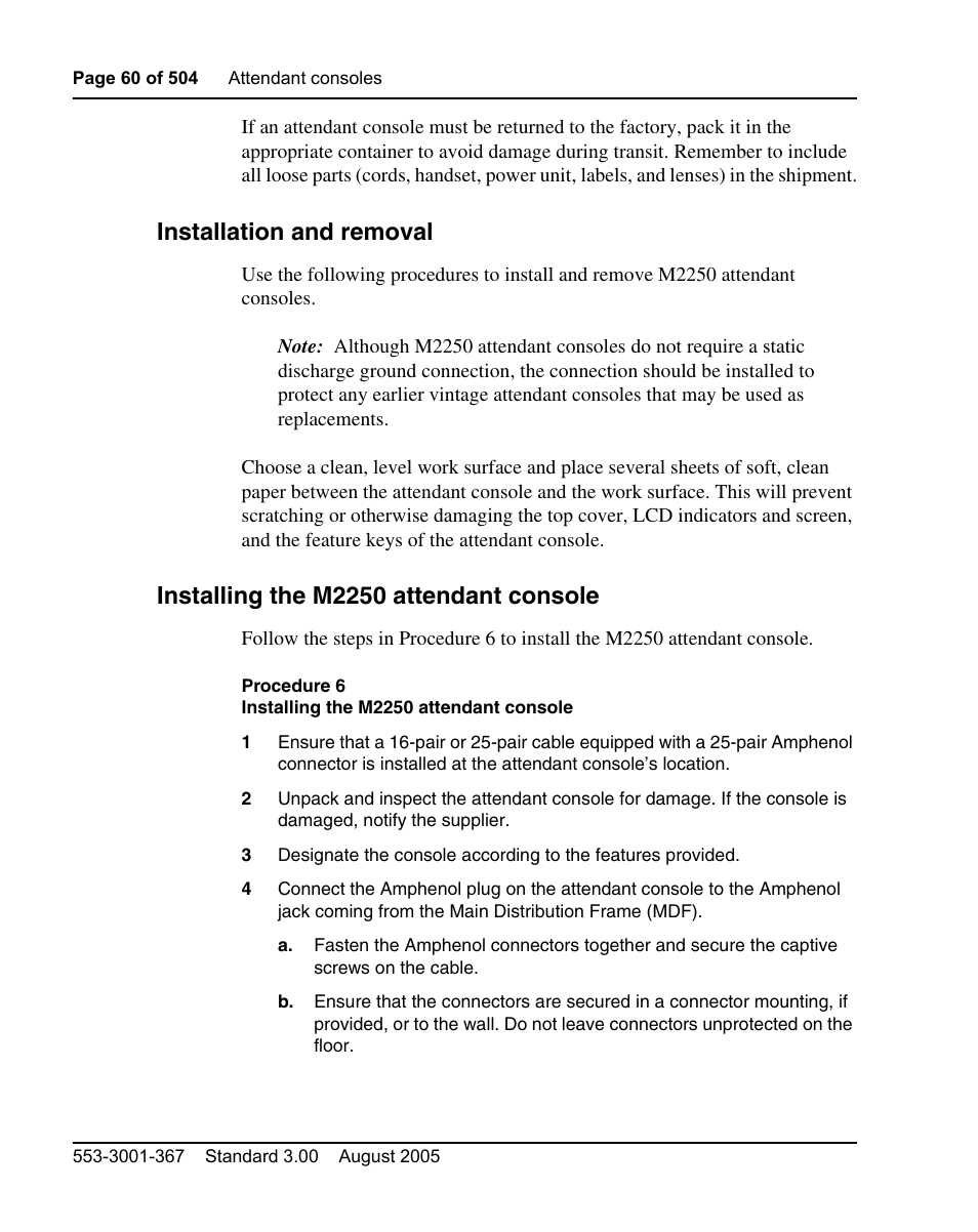Installation and removal, Installing the m2250 attendant console, Procedure 6 installing the m2250 attendant console | Nortel Networks M3110 User Manual | Page 60 / 506