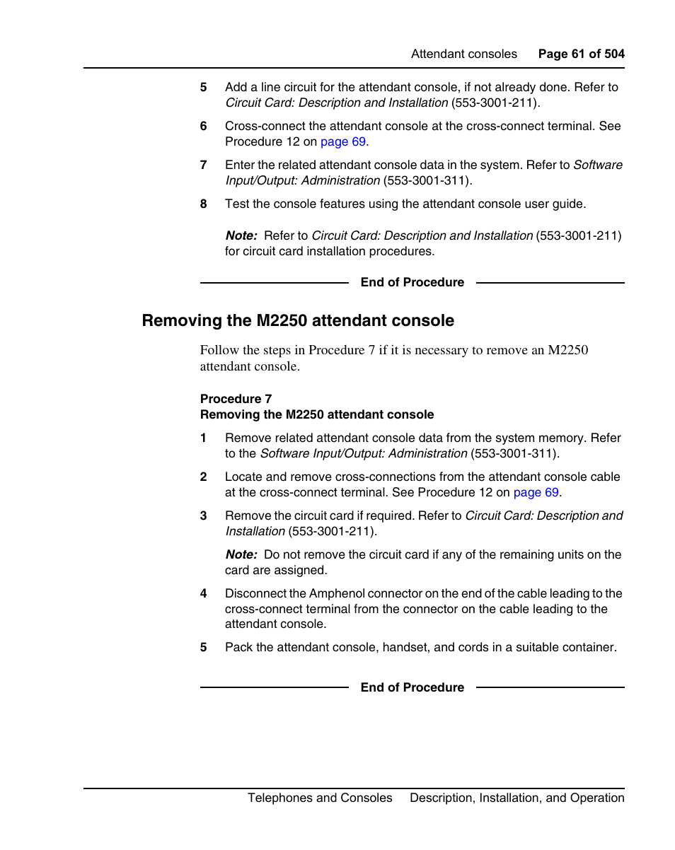 Removing the m2250 attendant console, Procedure 7 removing the m2250 attendant console | Nortel Networks M3110 User Manual | Page 61 / 506