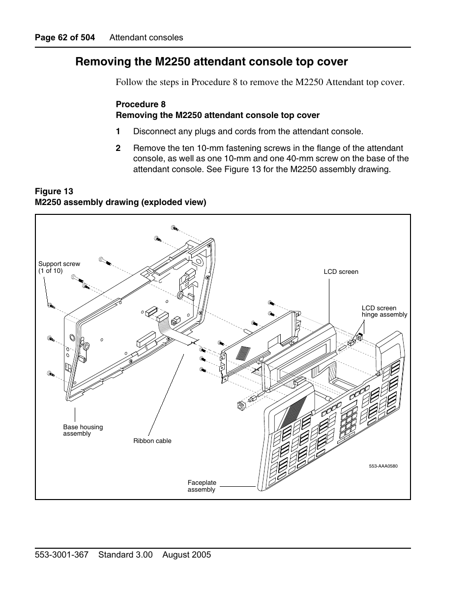 Removing the m2250 attendant console top cover | Nortel Networks M3110 User Manual | Page 62 / 506