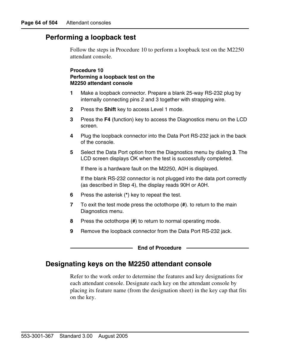 Performing a loopback test, Designating keys on the m2250 attendant console | Nortel Networks M3110 User Manual | Page 64 / 506