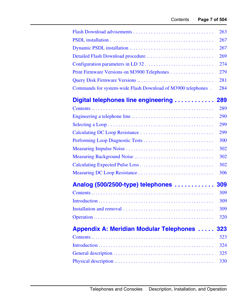 Digital telephones line engineering, Appendix a: meridian modular telephones | Nortel Networks M3110 User Manual | Page 7 / 506