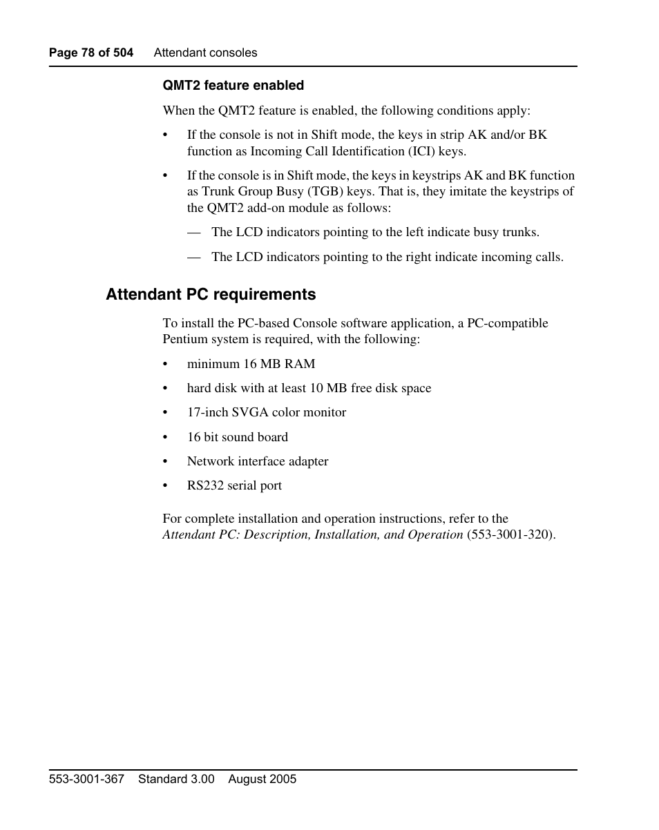 Attendant pc requirements | Nortel Networks M3110 User Manual | Page 78 / 506