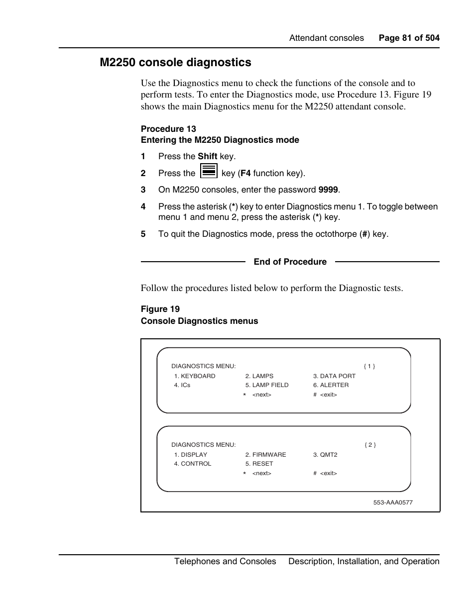 M2250 console diagnostics, Procedure 13 entering the m2250 diagnostics mode | Nortel Networks M3110 User Manual | Page 81 / 506