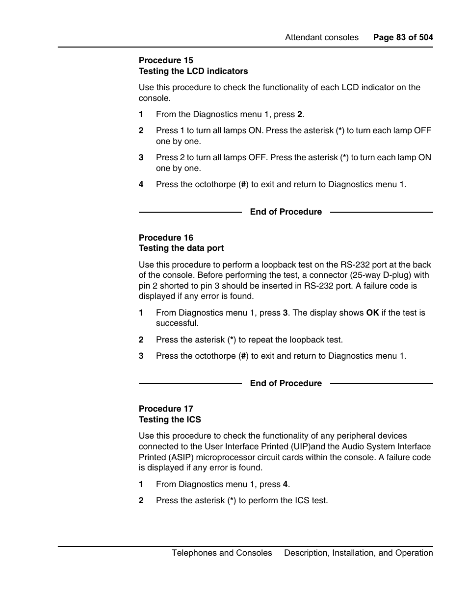 Procedure 15 testing the lcd indicators, Procedure 16 testing the data port, Procedure 17 testing the ics | Nortel Networks M3110 User Manual | Page 83 / 506