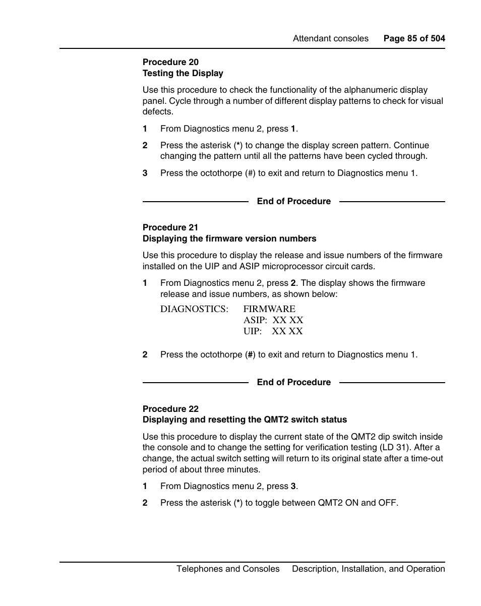 Procedure 20 testing the display | Nortel Networks M3110 User Manual | Page 85 / 506