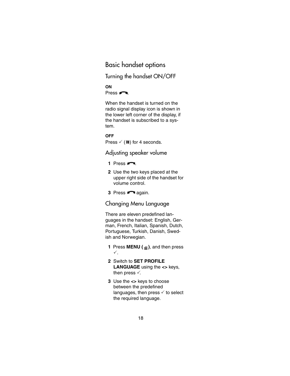 Basic handset options, Turning the handset on/off, Adjusting speaker volume | Changing menu language | Nortel Networks 4146Ex User Manual | Page 18 / 63