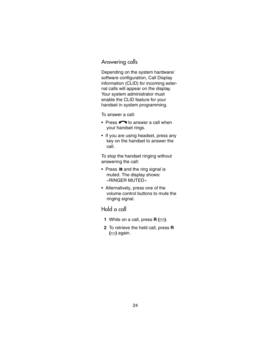 Answering calls, Hold a call, Answering calls hold a call | Nortel Networks 4146Ex User Manual | Page 24 / 63