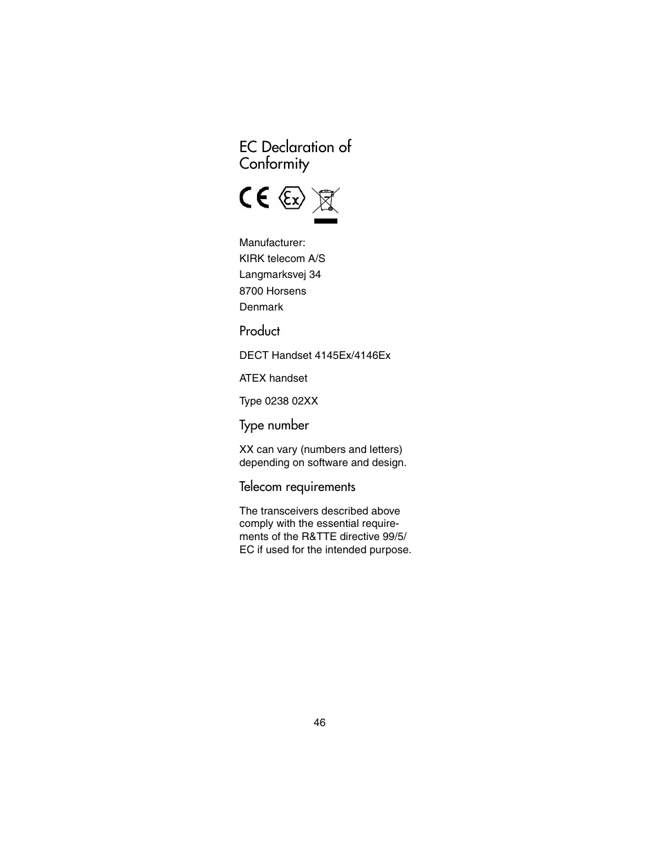 Ec declaration of conformity, Product, Type number | Telecom requirements | Nortel Networks 4146Ex User Manual | Page 46 / 63