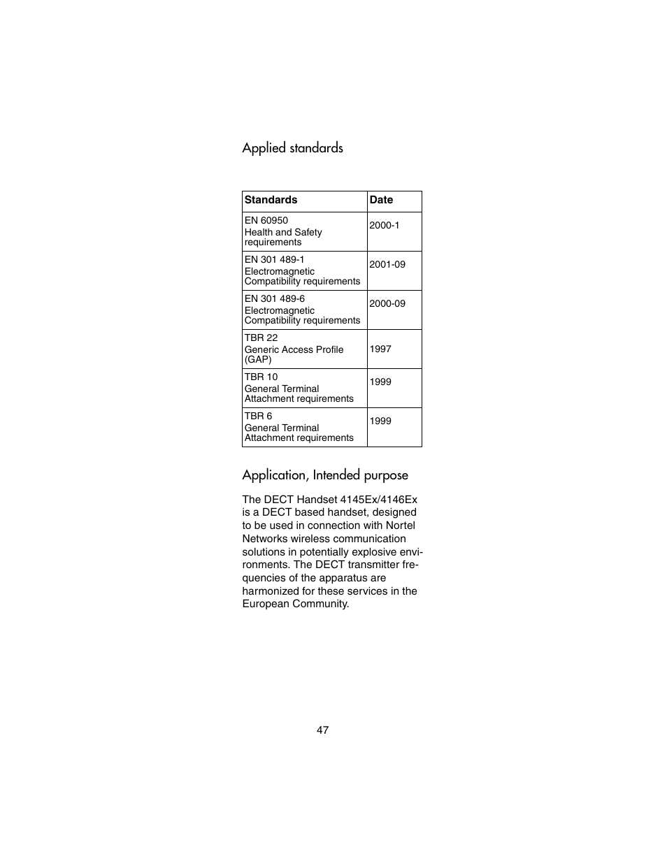 Applied standards, Application, intended purpose | Nortel Networks 4146Ex User Manual | Page 47 / 63