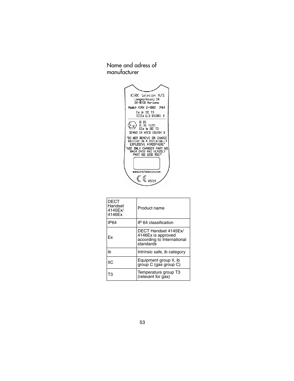 Name and adress of manufacturer | Nortel Networks 4146Ex User Manual | Page 53 / 63