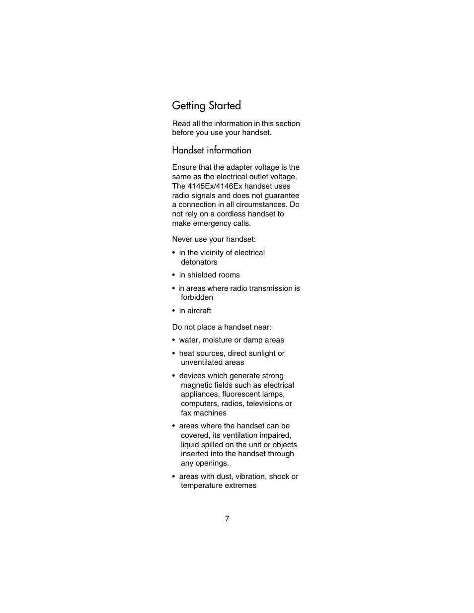 Getting started, Handset information | Nortel Networks 4146Ex User Manual | Page 7 / 63