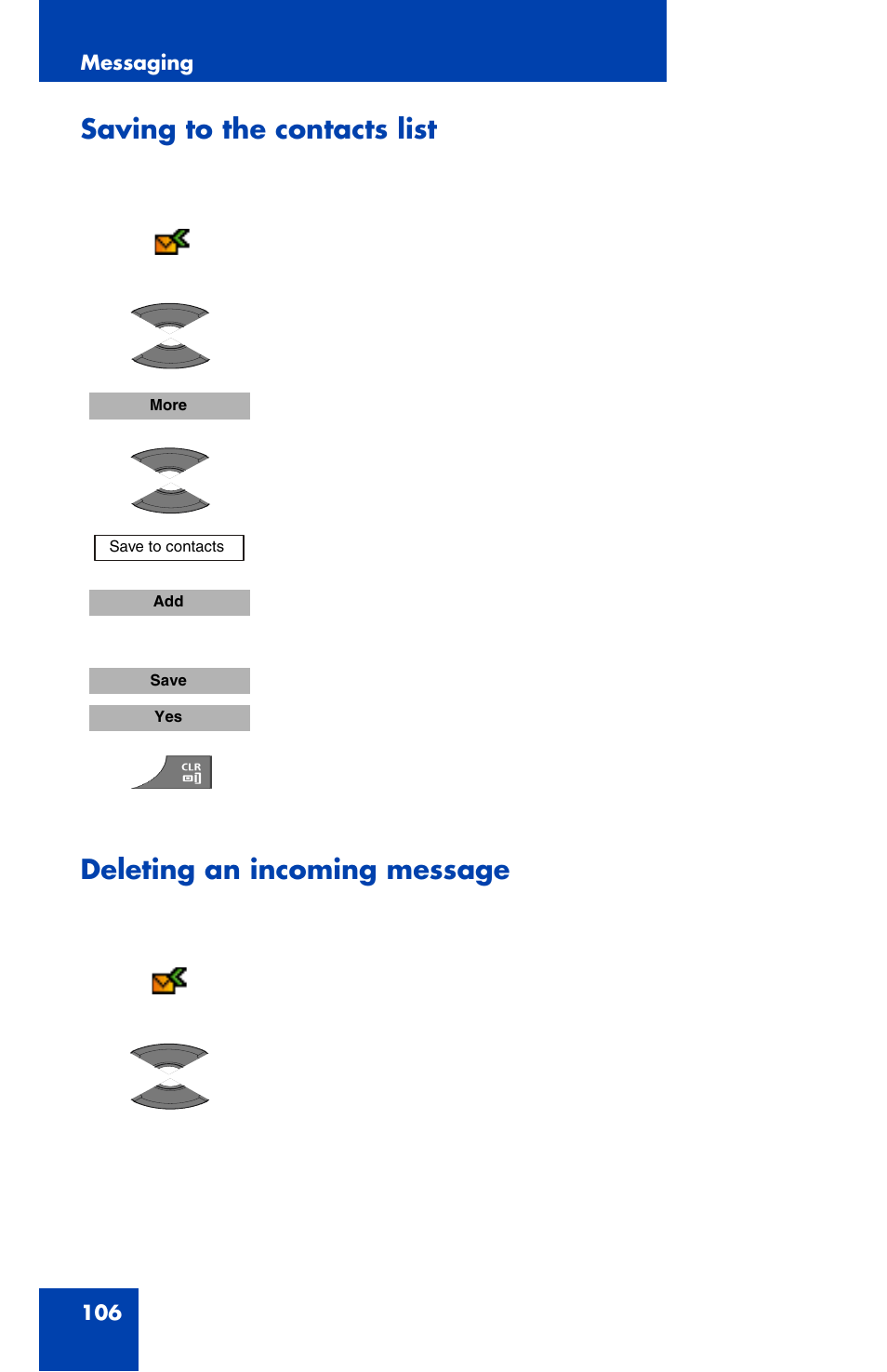 Saving to the contacts list, Deleting an incoming message | Nortel Networks Nortel 4070 User Manual | Page 106 / 212