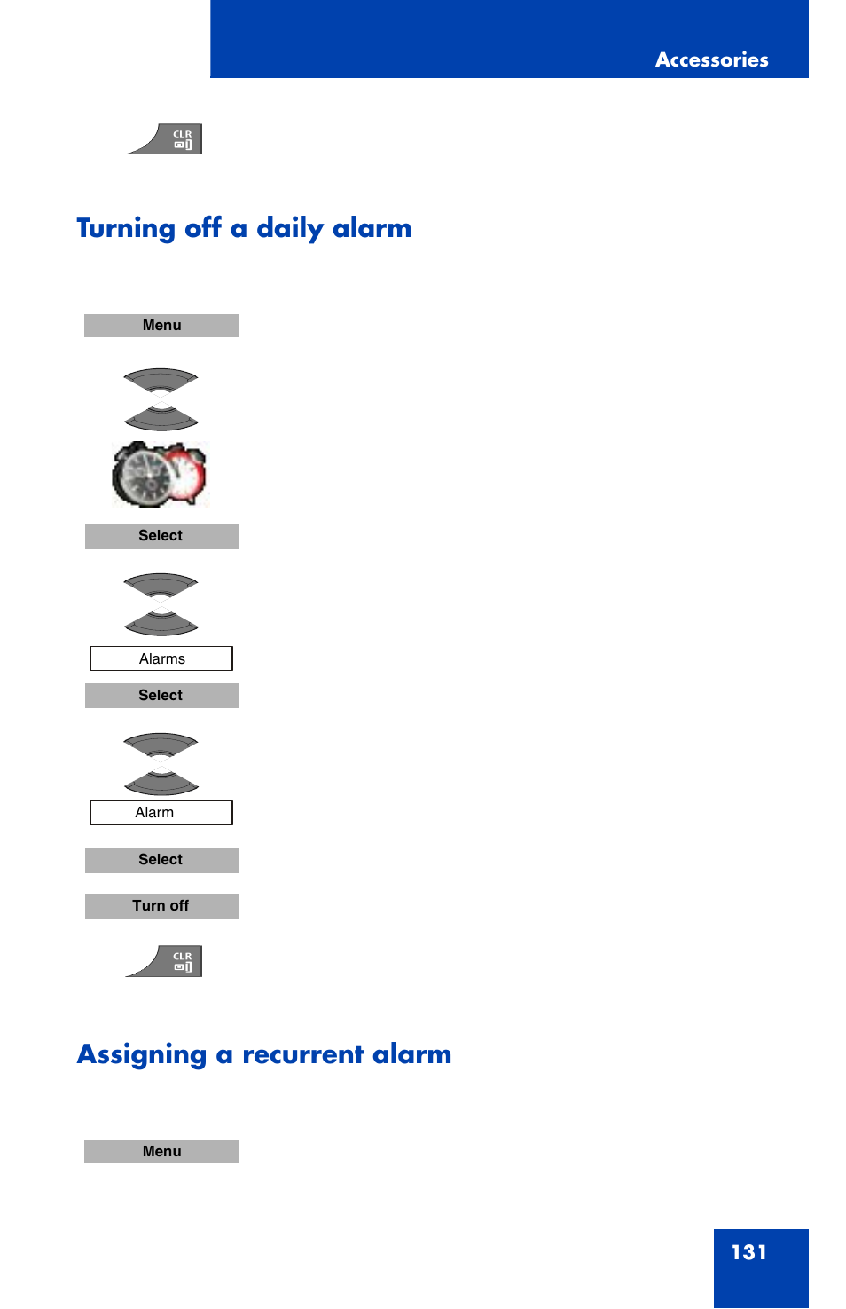 Turning off a daily alarm, Assigning a recurrent alarm | Nortel Networks Nortel 4070 User Manual | Page 131 / 212