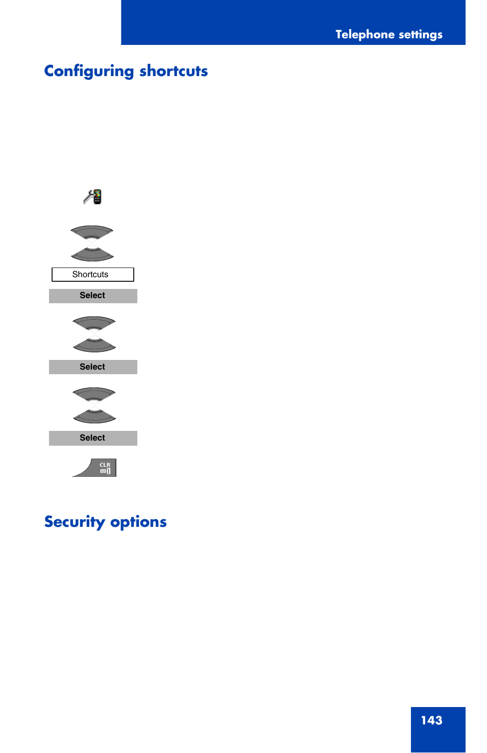 Configuring shortcuts, Security options | Nortel Networks Nortel 4070 User Manual | Page 143 / 212