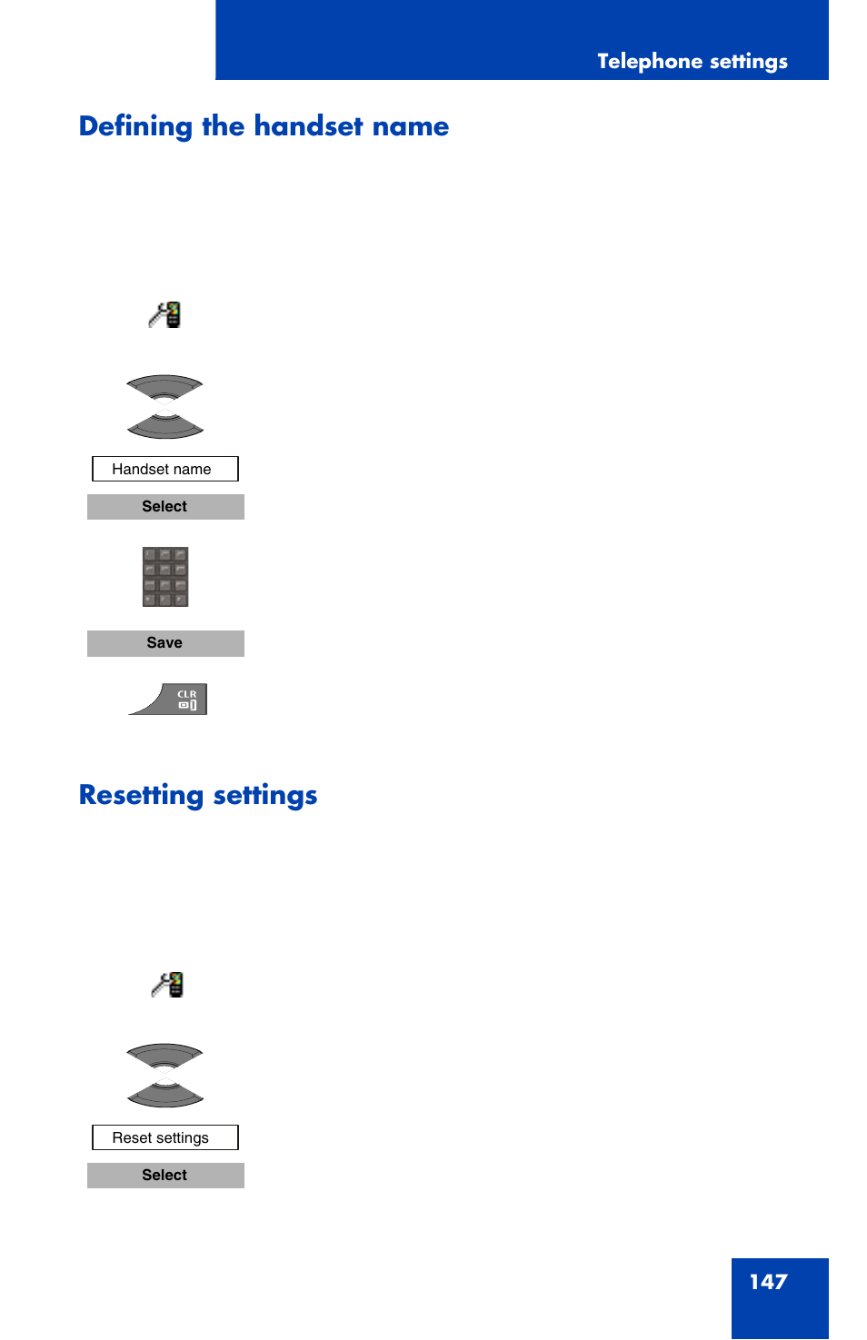 Defining the handset name, Resetting settings | Nortel Networks Nortel 4070 User Manual | Page 147 / 212