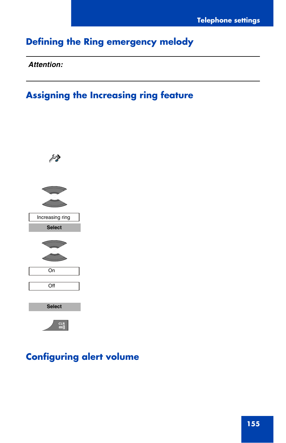 Defining the ring emergency melody, Assigning the increasing ring feature, Configuring alert volume | Nortel Networks Nortel 4070 User Manual | Page 155 / 212