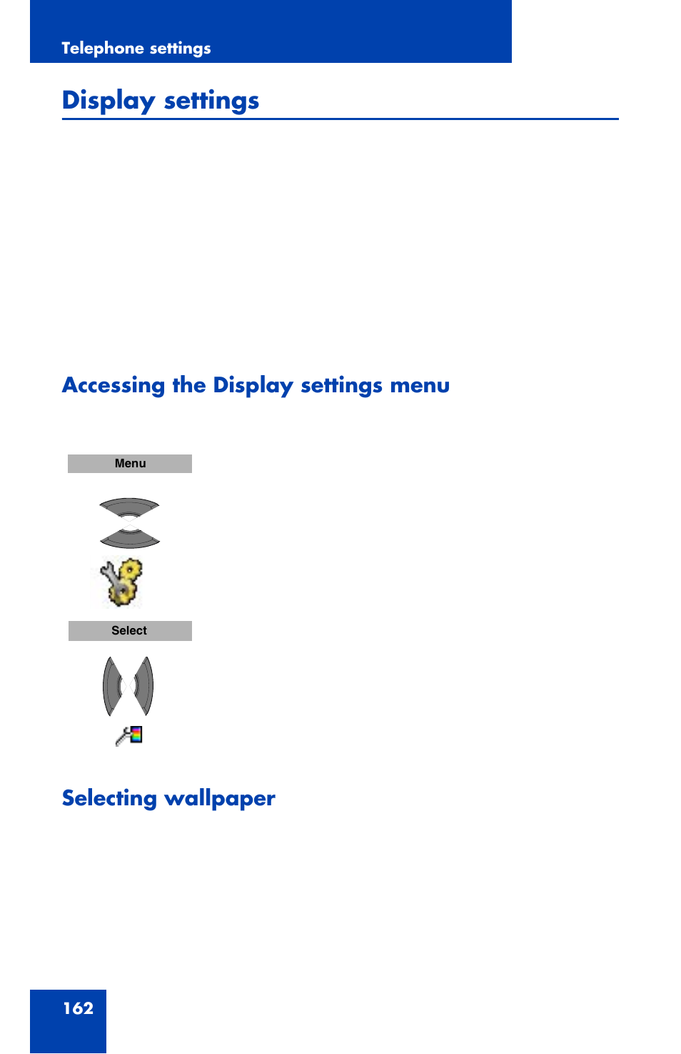 Display settings, Accessing the display settings menu, Selecting wallpaper | Nortel Networks Nortel 4070 User Manual | Page 162 / 212