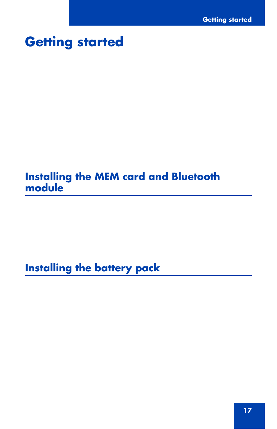 Getting started, Installing the mem card and bluetooth module, Installing the battery pack | Nortel Networks Nortel 4070 User Manual | Page 17 / 212