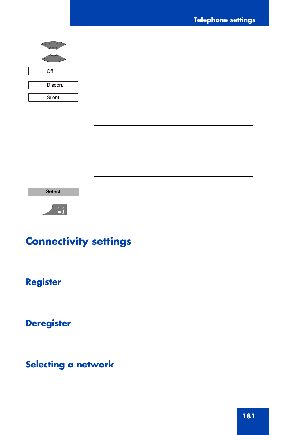 Connectivity settings, Register, Deregister | Selecting a network | Nortel Networks Nortel 4070 User Manual | Page 181 / 212