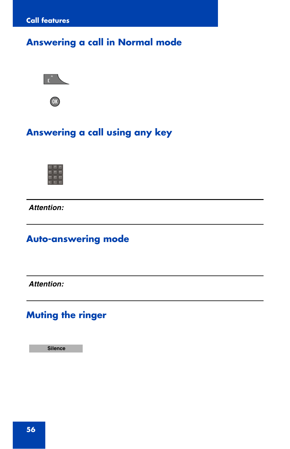 Answering a call in normal mode, Answering a call using any key, Auto-answering mode | Muting the ringer | Nortel Networks Nortel 4070 User Manual | Page 56 / 212