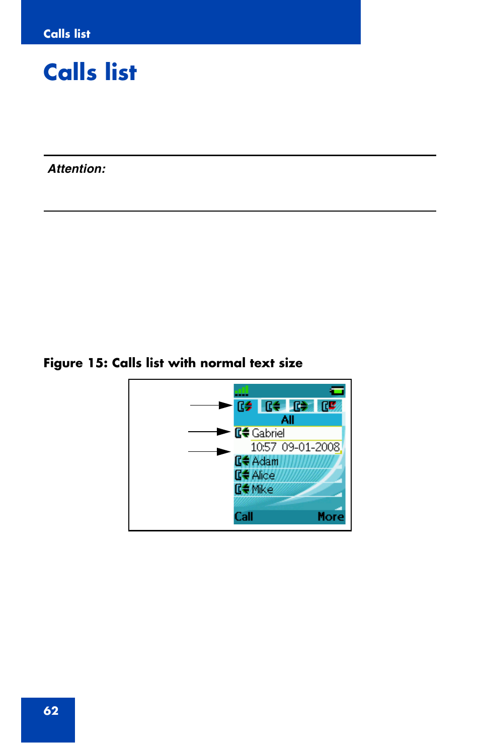 Calls list | Nortel Networks Nortel 4070 User Manual | Page 62 / 212