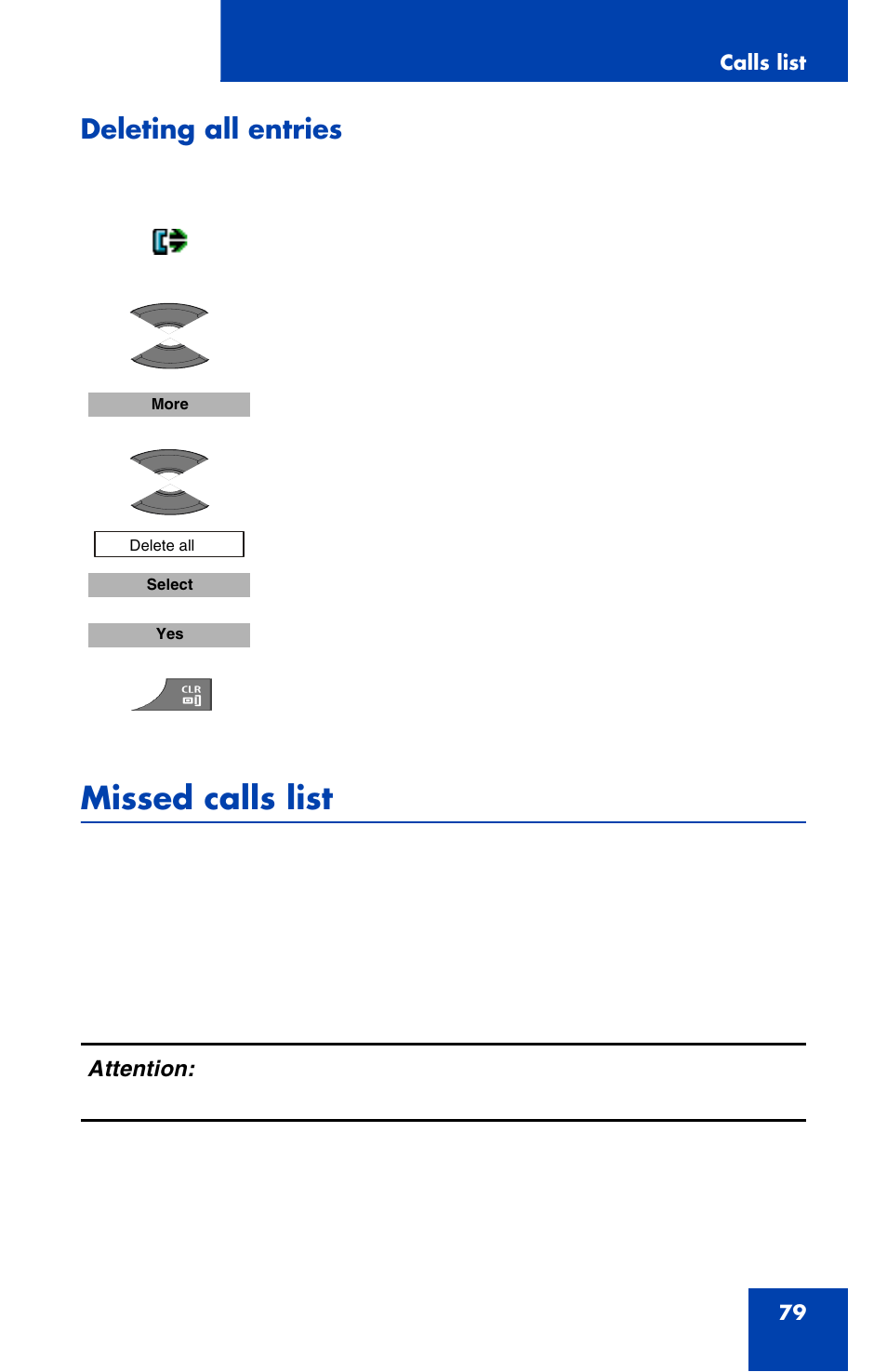 Deleting all entries, Missed calls list | Nortel Networks Nortel 4070 User Manual | Page 79 / 212