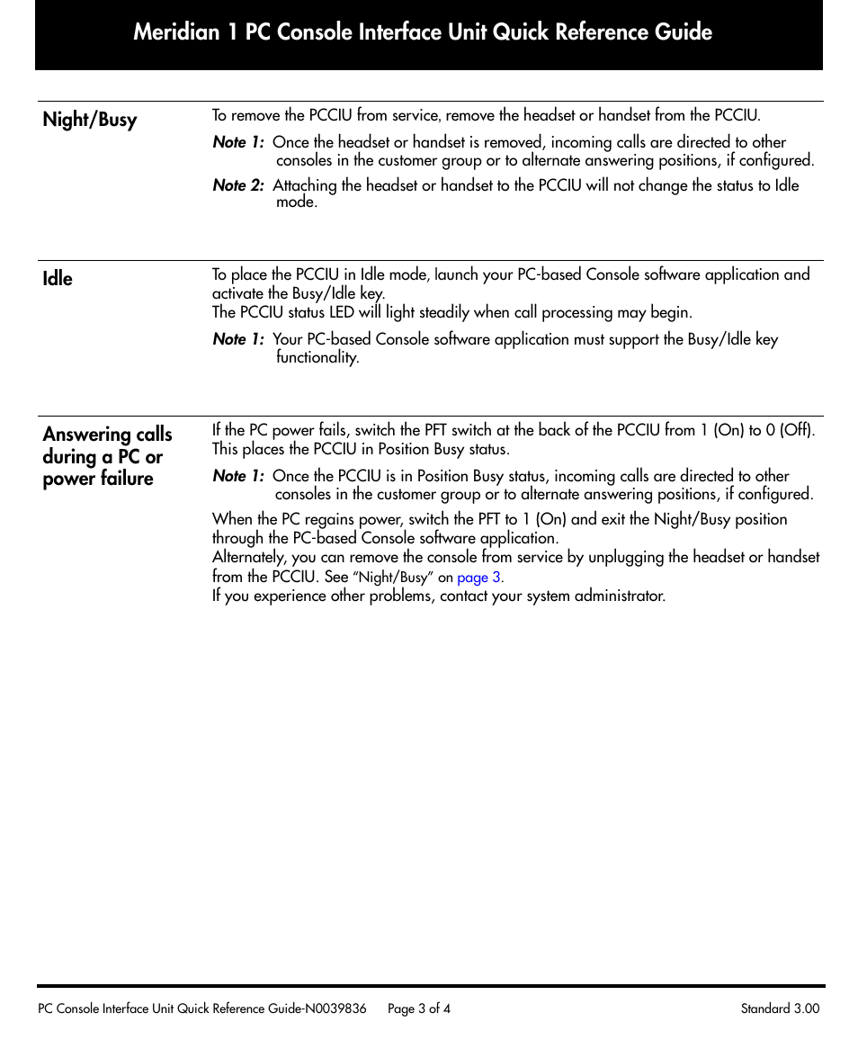 Night/busy, Idle, Answering calls during a pc or power failure | Nortel Networks Meridian 1 PC Console Interface Unit User Manual | Page 3 / 4