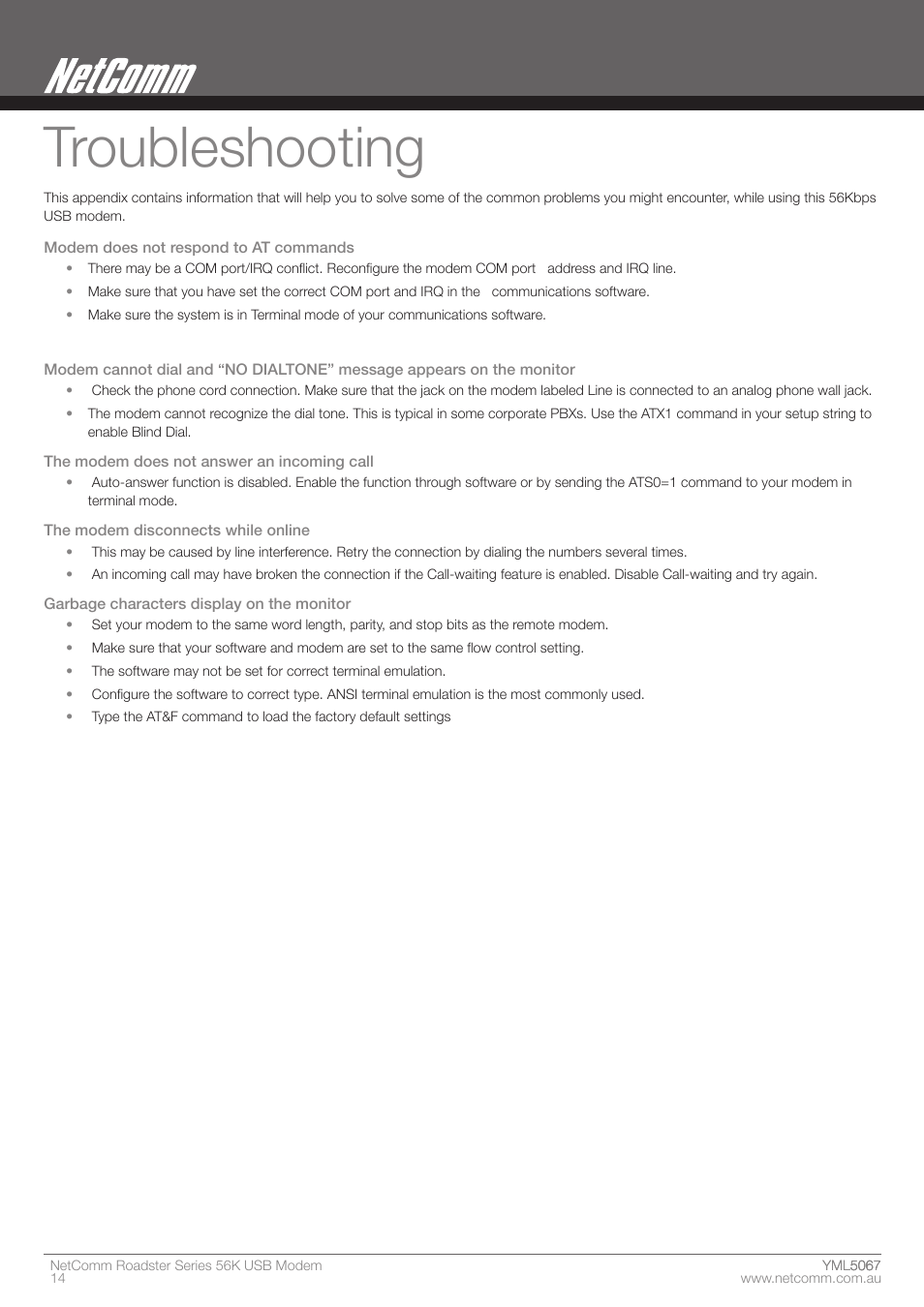 Troubleshooting | Nortel Networks ROADSTER 56K User Manual | Page 14 / 20