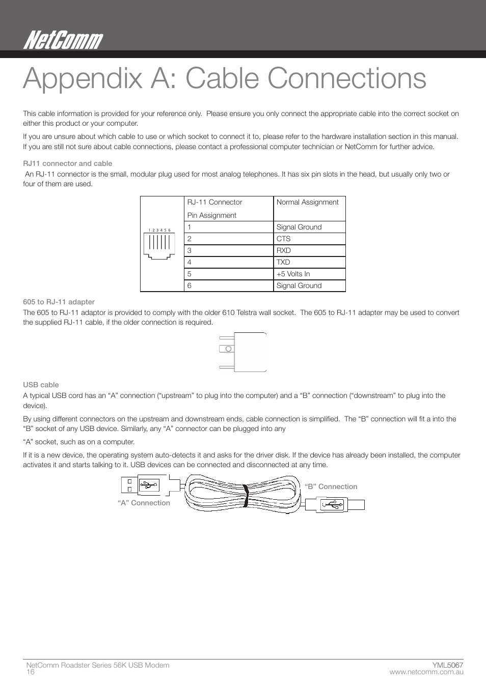 Appendix a: cable connections | Nortel Networks ROADSTER 56K User Manual | Page 16 / 20