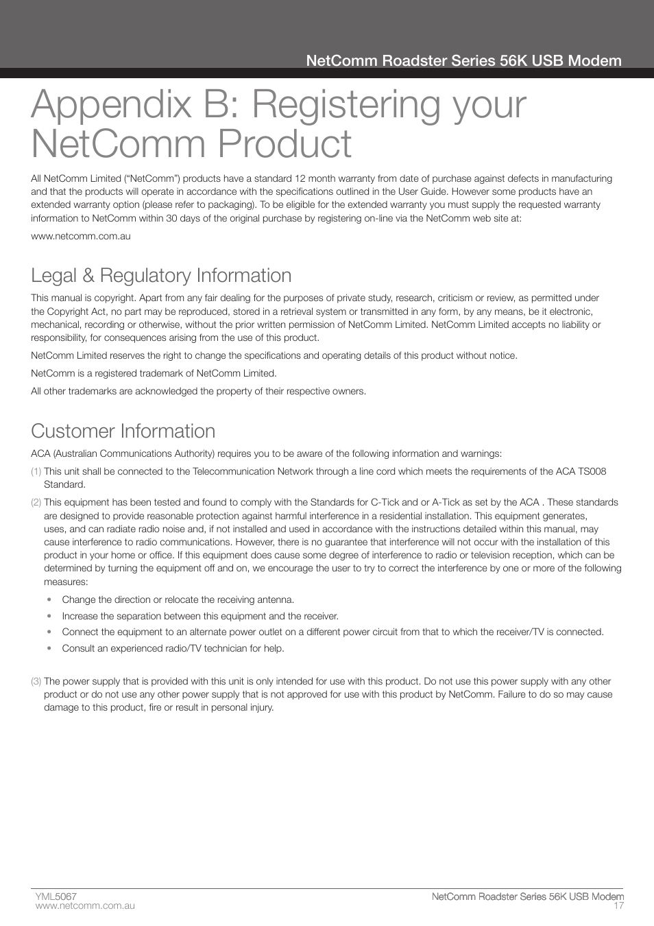 Appendix b: registering your netcomm product, Egal & regulatory information, Customer information | Netcomm roadster series 56k usb modem | Nortel Networks ROADSTER 56K User Manual | Page 17 / 20