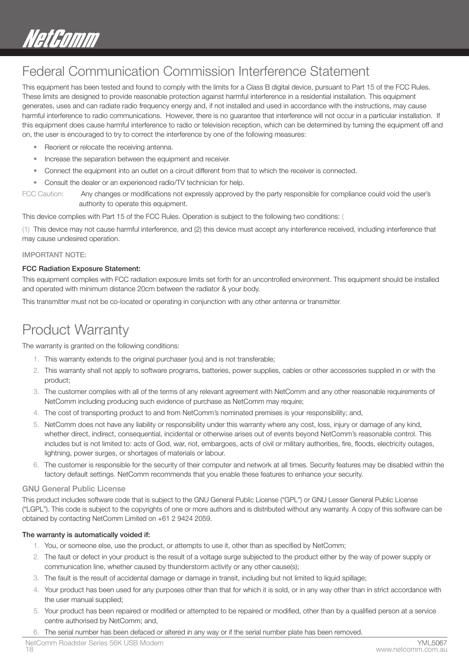 Product warranty | Nortel Networks ROADSTER 56K User Manual | Page 18 / 20