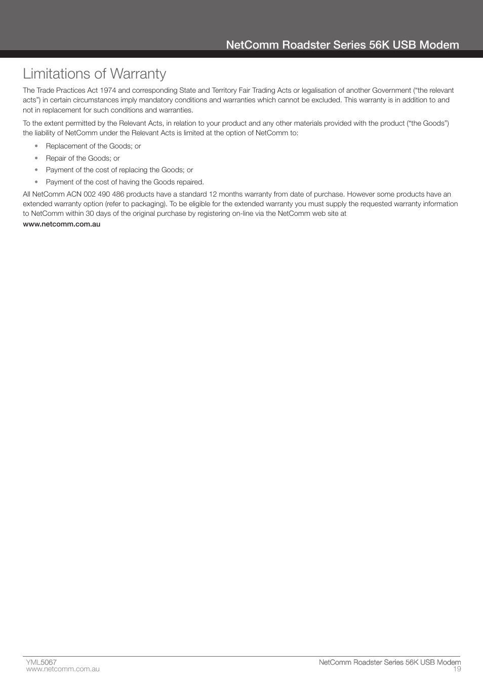 Imitations of warranty, Netcomm roadster series 56k usb modem | Nortel Networks ROADSTER 56K User Manual | Page 19 / 20
