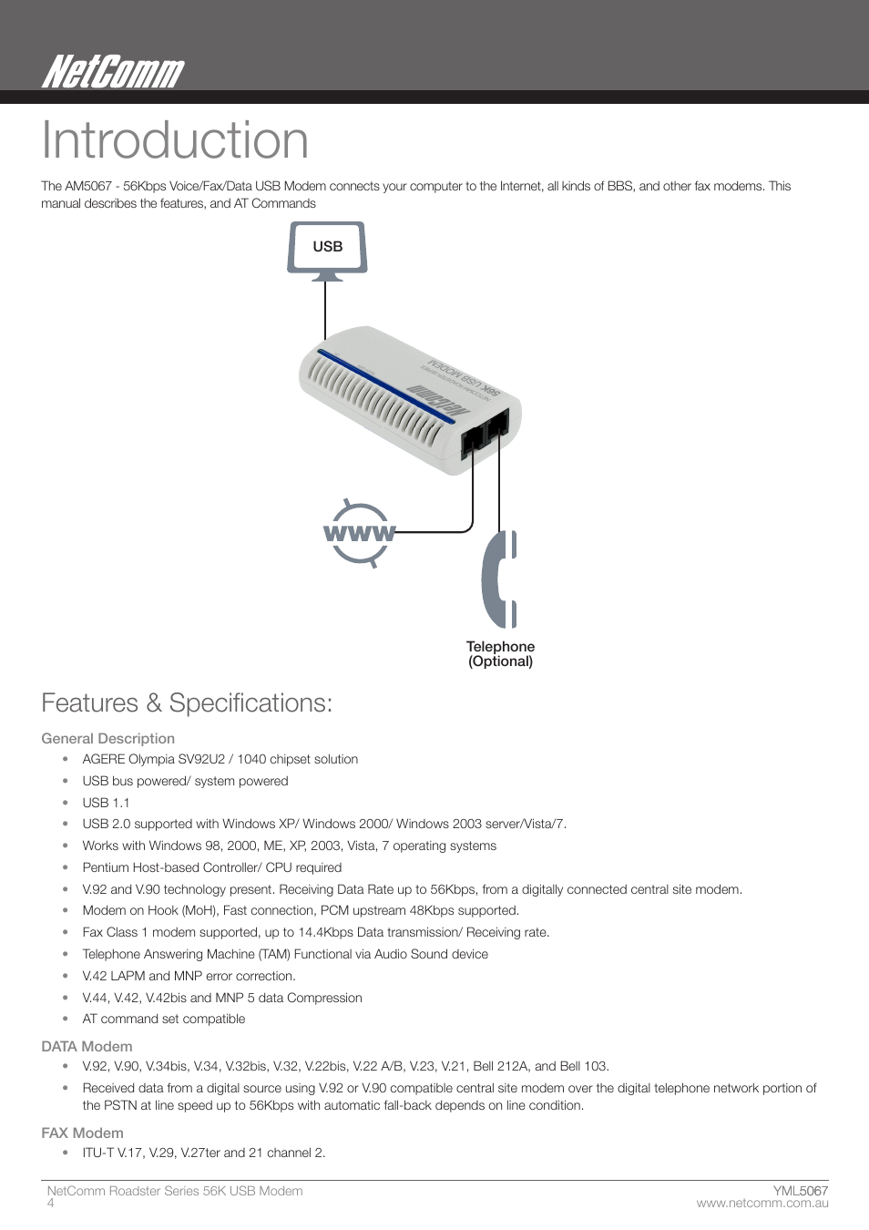 Introduction, Features & specifications | Nortel Networks ROADSTER 56K User Manual | Page 4 / 20