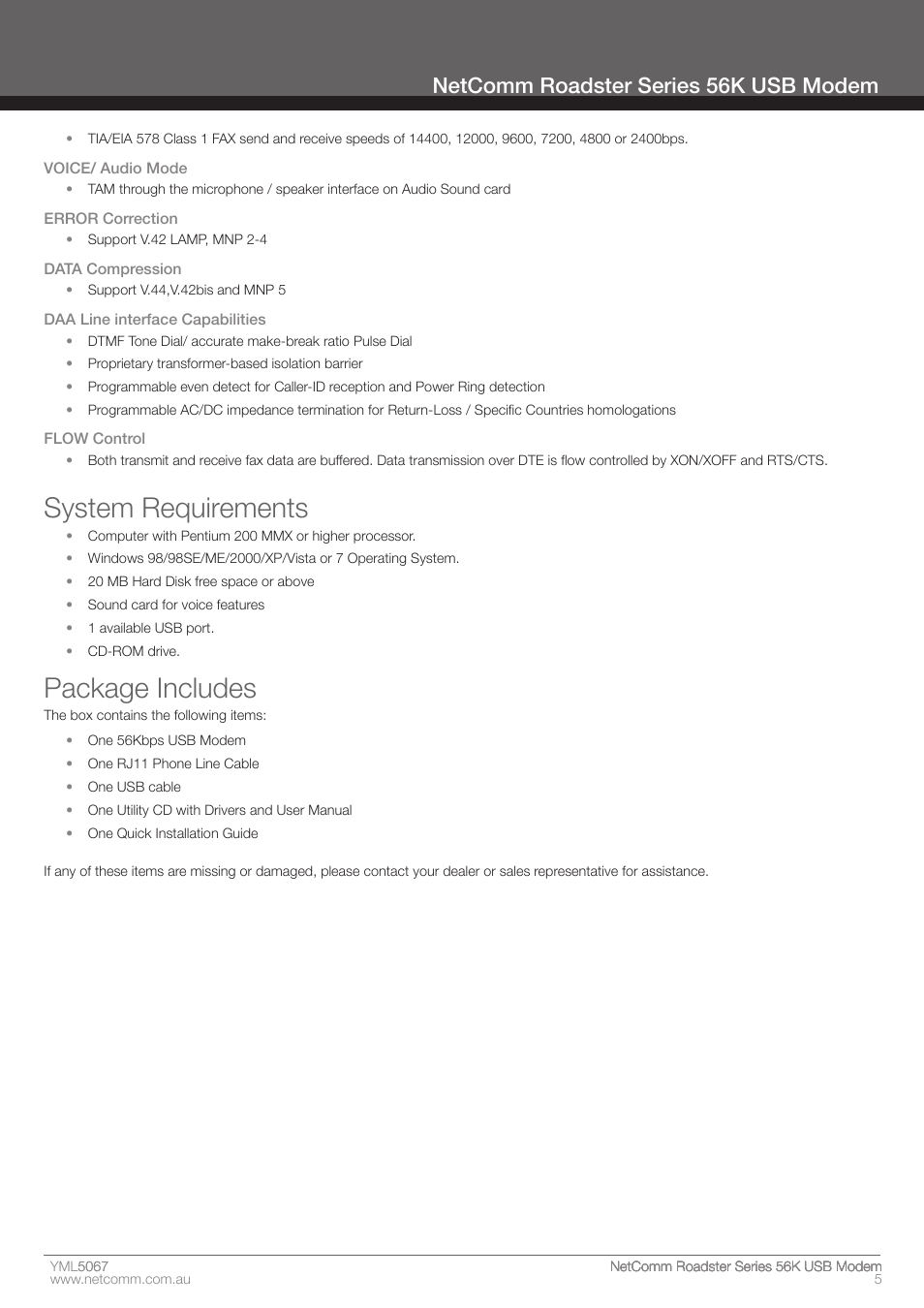 System requirements, Package includes, Netcomm roadster series 56k usb modem | Nortel Networks ROADSTER 56K User Manual | Page 5 / 20