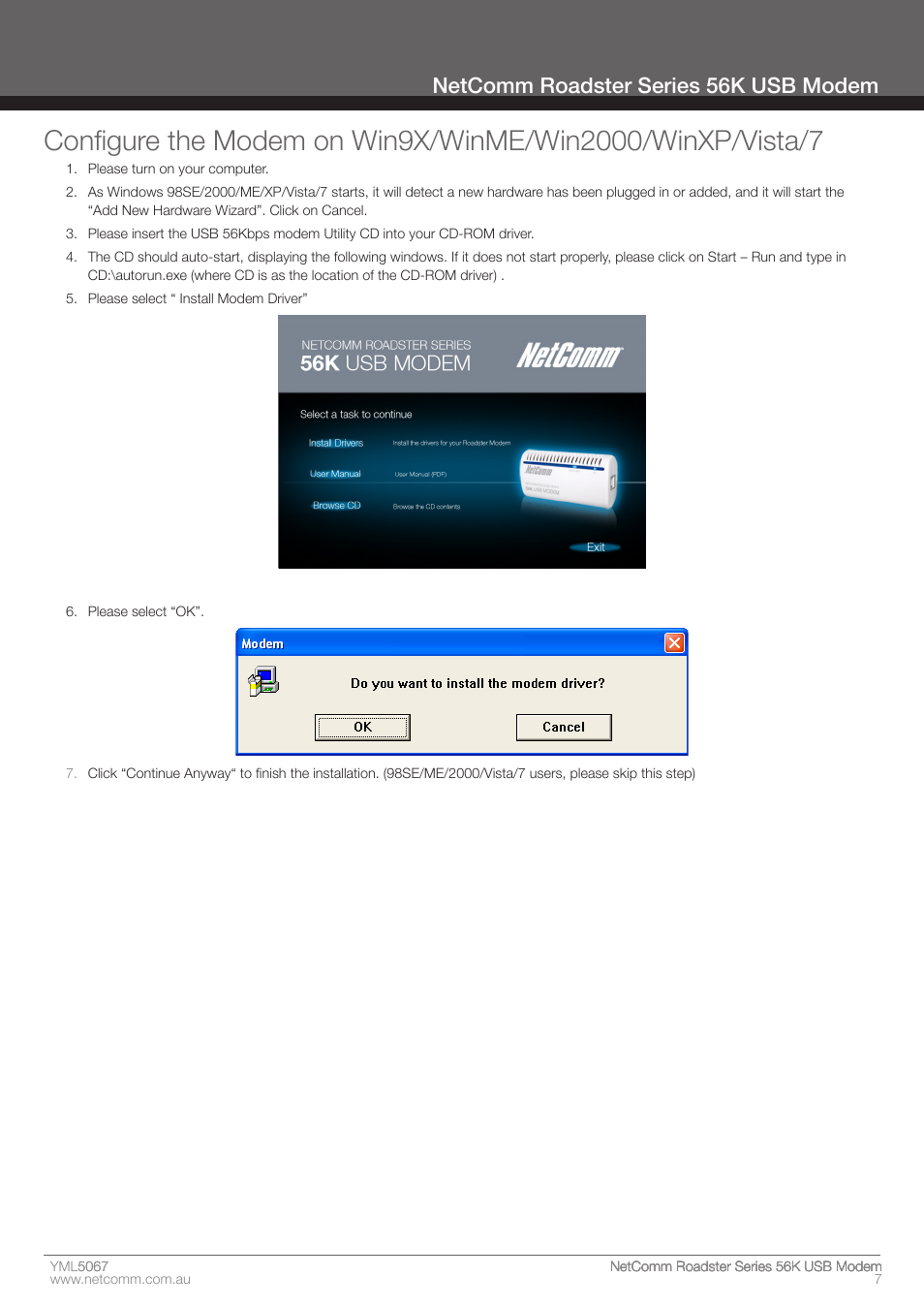 Netcomm roadster series 56k usb modem | Nortel Networks ROADSTER 56K User Manual | Page 7 / 20