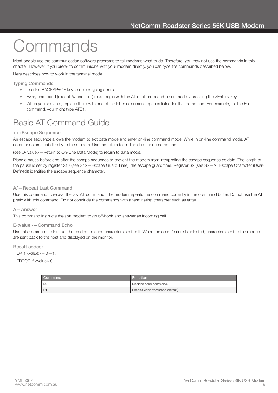 Commands, Basic at command guide, Netcomm roadster series 56k usb modem | Nortel Networks ROADSTER 56K User Manual | Page 9 / 20