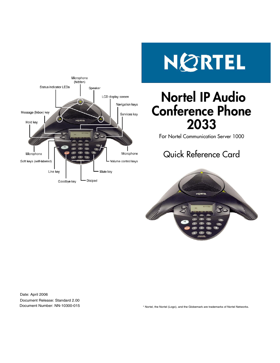 Nortel ip audio conference phone 2033, Quick reference card | Nortel Networks 2033 User Manual | Page 2 / 2