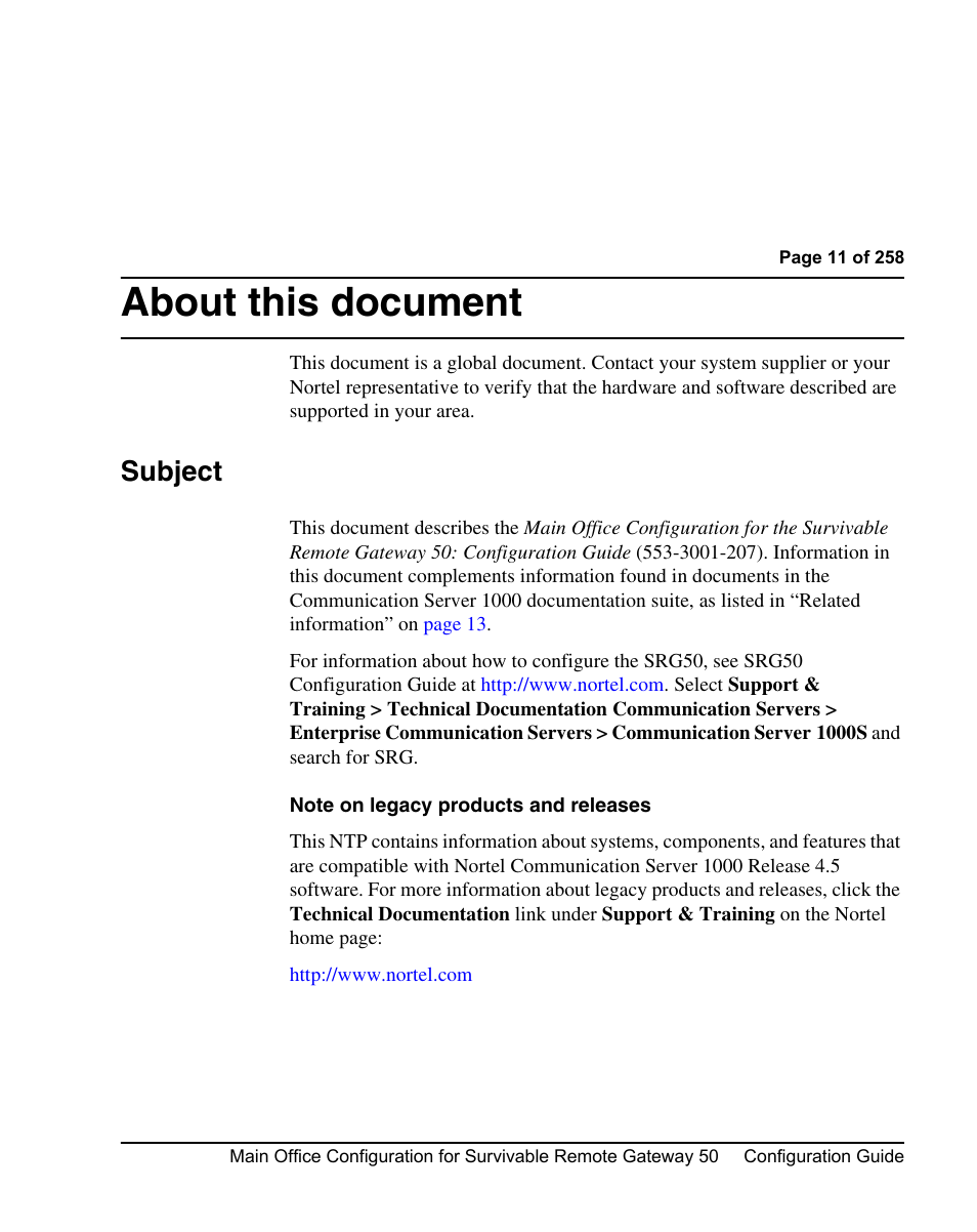 About this document, Subject | Nortel Networks Remote Gateway 50 User Manual | Page 11 / 260