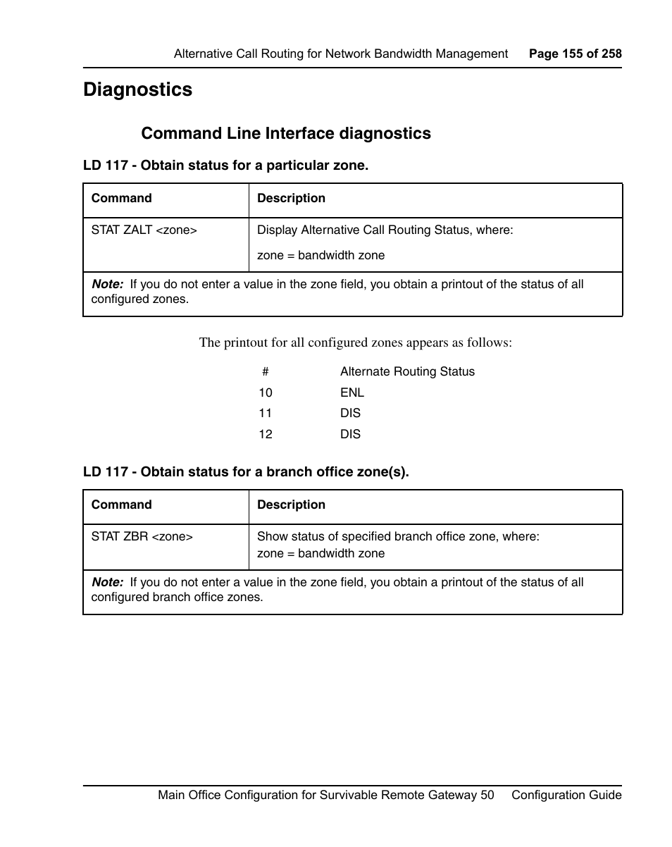 Diagnostics, Command line interface diagnostics | Nortel Networks Remote Gateway 50 User Manual | Page 155 / 260