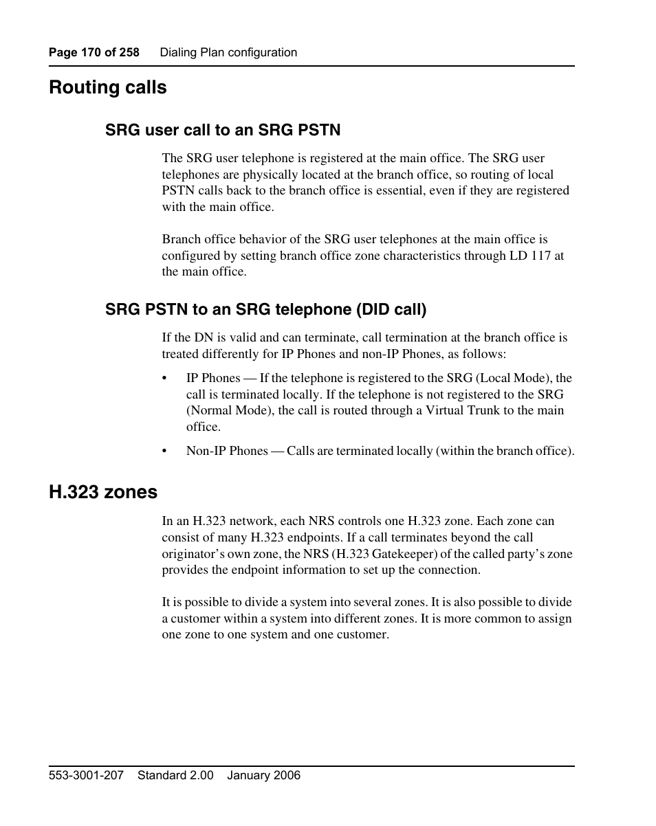 Routing calls, Srg user call to an srg pstn, Srg pstn to an srg telephone (did call) | H.323 zones | Nortel Networks Remote Gateway 50 User Manual | Page 170 / 260